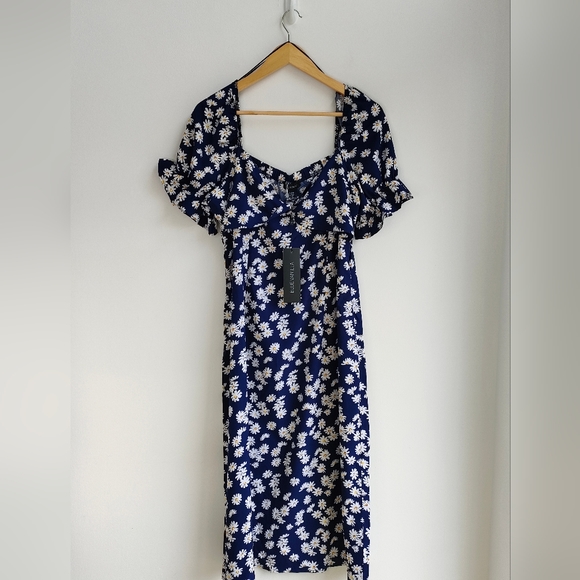 Blue Vanilla Navy White Daisy Print Midi Dress Size 16 - Picture 2 of 11